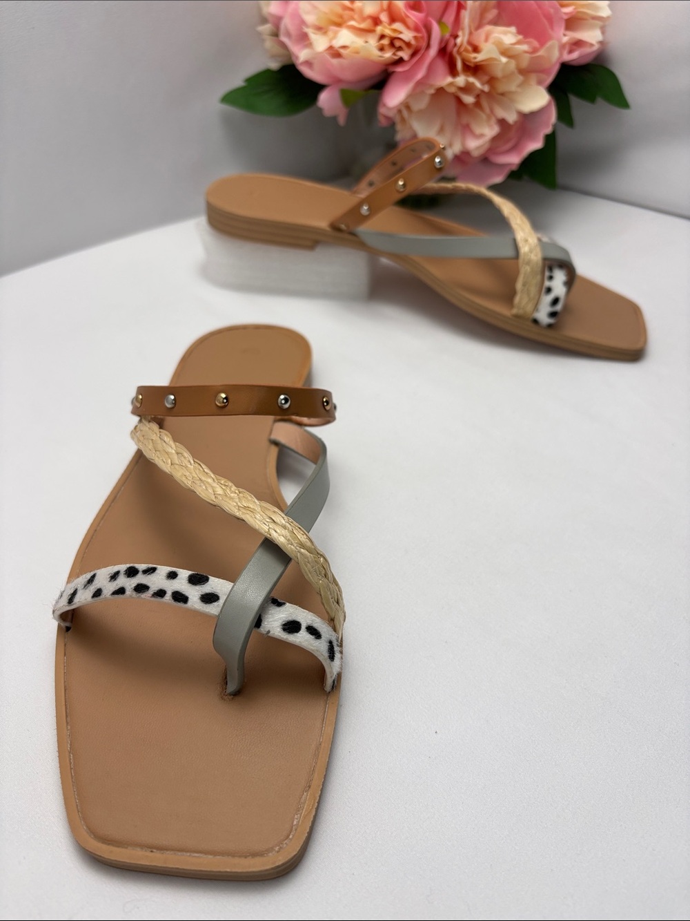 ZBY Womens 8.5 Multi-Texture Leopard Studs Strappy Slide Sandals - Tan #473